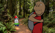 2soyjaks backpack brown_skin chud closed_mouth clothes ear forest full_body glasses gnome gonme hat irl_background soyjak soyjaks stubble subvariant:wholesome_soyjak variant:chudjak variant:gapejak video // 2500x1500, 6.8s // 7.0MB
