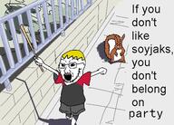 2soyjaks 4chan animal anime color drawn_background fence full_body glasses hair holding_object nate open_mouth parody redraw running shadow soyjak soyjak_party soyteen stick stubble subvariant:feralsquirrel text trend:squirreljakking variant:feraljak variant:soyak yellow_hair yotsoyba // 563x404 // 103.6KB