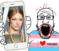 arm flag:transgender_pride_flag glasses holding_object hunter_schafer i_love open_mouth purple_hair red_lips stubble subvariant:phoneplier tranny troon variant:markiplier_soyjak // 2160x1884 // 2.2MB