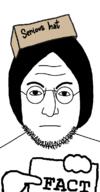 angry clothes eyebrows fact forehead_lines glasses hair hat mouth_closed nose pointing pointing_at_object serious_hat sign soyjak stubble variant:lennonjak wearing_hat // 600x1150 // 19.7KB