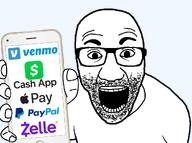 apple_(company) apple_pay bald cash cash_app eyebrows glasses hand holding_phone iphone logo logos looking_at_you open_mouth paypal phone stubble text variant:el_perro_rabioso venmo zelle // 1077x800 // 234.4KB