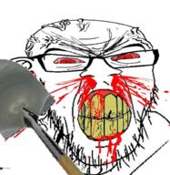 angry blood bloodshot_eyes clenched_teeth cracked_teeth holding_object nosebleed red_eyes shovel soyjak subvariant:feralrage variant:feraljak yellow_teeth // 894x919 // 722.7KB