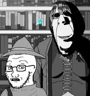 3soyjaks alter_ego closed_mouth clothes ear female glasses hair hat library ominous open_mouth rape scared subvariant:hornyson subvariant:soyak_(concerned) suit variant:cobson variant:soyak video_game // 1488x1582 // 100.4KB