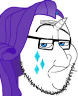 blue_eyes closed_mouth facial_mark gem glasses horn looking_at_you my_little_pony purple_hair rarity_(my_little_pony) smirk smug soyjak stubble variant:smugjak white_background // 350x427 // 72.4KB