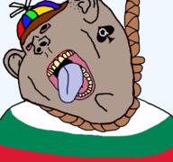 bbc bloodshot_eyes brown_skin bulgaria bulgarian_(user) clothes country ear flag flag:bulgaria grey_skin hanging hat open_mouth propeller_hat queen_of_spades rope soyjak subvariant:kranos suicide tattoo tongue variant:impish_soyak_ears yellow_teeth // 768x719 // 234.7KB