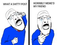 arm closed_eyes clothes crying glasses hand middle_finger open_mouth sad soyjak stubble text variant:cobson // 668x524 // 111.2KB