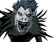 anime blue_hair clothes death_note ear grey_skin hair red_eyes ryuk sharp_teeth soyjak variant:angry_soyjak // 2186x1676 // 126.2KB