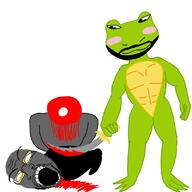 beard blood closed_mouth decapitation execution frog full_body glasses gore headless holding_object holding_sword kneeling nsfw open_mouth severed_head soot soot_colors soyjak soyjak_party stubble sword variant:flartson weapon // 800x800 // 65.7KB