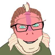 brown_beard brown_hair closed_mouth clothes dinosaur fins glasses green_eyes i_want_hug_that_gator red_skin smile snout stubble subvariant:wholesome_soyjak t-shirt variant:feraljak variant:gapejak // 1200x1200 // 224.0KB