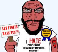 angry consoomer glasses holding_sign i_love_slop let_people_enjoy_things red_skin slop subvariant:science_lover variant:markiplier_soyjak // 950x847 // 120.9KB