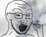 bloodshot_eyes fog glasses hand holding_object open_mouth smoke soyjak stubble teeth variant:soyak weed // 3264x2610 // 925.8KB