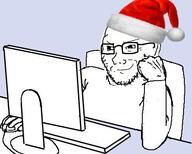 arm chair christmas clothes computer glasses hand hat santa santa_hat screen smug soyjak stubble table variant:soyak // 452x363 // 106.6KB