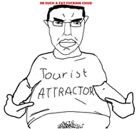 arm chud closed_mouth clothes fat frown hair hand looking_at_you pointing subvariant:pol_face text tourist variant:chudjak variant:shirtjak white_background // 490x461 // 88.4KB