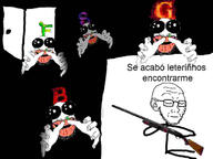 5soyjaks closed_eyes closed_mouth compressed creepy door ear glasses gun hand holding_gun holding_object i_hate_the_antichrist its_over letter mucus oh_my_god_she_is_so_attractive shotgun soyjak spanish_text stubble text variant:israeli_soyjak variant:soyak // 1284x963 // 43.6KB