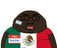 ToonSoy_(NameFag) bald black_skin fat flag:mexico flag:transgender_pride_flag hello_my_name_is_(sticker) mexico namefag_drama namefags nigger obese pink_lips subvariant:tongamutt tranny trans transgender_flag variant:meximutt yellow_sclera // 1090x912 // 122.8KB