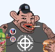 1488 amerimutt balding button celtic_cross cigarette clothes donald_trump flag:confederate_battle_flag ford hair hairy hamburger hat holding_object middle_finger mountain_dew mutt nas:amerimutt national_socialist_movement nazism red_lips smoking subvariant:chudjak_amerimutt tank_top tattoo teeth variant:chudjak white_pride // 1675x1583 // 950.9KB