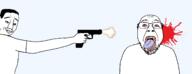 2soyjaks ack blood blood_spray bloodshot_eyes chud closed_mouth clothes death execution glasses gun gunshot_wound holding_gun holding_object holding_pistol looking_to_the_right looking_up murder muzzle_flash open_mouth pistol pointing series:chud's_hitman shooting smile smug soyjak stubble template tongue tongue_out transparent_background tshirt variant:bernd variant:chudjak yellow_teeth // 1342x515 // 53.6KB