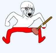 angry animated arm bloodshot_eyes crying flag flag:poland full_body glasses hand holding_object holding_plunger leg monkey_dance open_mouth plunger poland soyjak stubble variant:soyak // 570x537 // 65.9KB