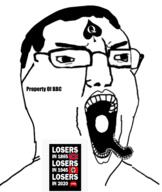 bbc cap clothes confederate donald_trump flag glasses hair hat maga nazism open_mouth queen_of_spades soyjak stretched_mouth swastika tattoo text variant:chudjak // 467x552 // 95.2KB