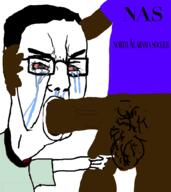 angry arm bbc bloodshot_eyes blowjob clothes crying glasses hair hand nas negro nsfw open_mouth pointing soyjak tshirt variant:chudjak // 917x1027 // 274.9KB