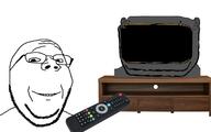 2soyjaks ear glasses grey objectsoy open_mouth remote shelf smile soyjak stand stubble subvariant:wholesome_soyjak television variant:gapejak variant:impish_soyak_ears // 1600x1000 // 421.5KB