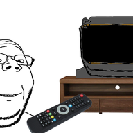 2soyjaks ear glasses grey objectsoy open_mouth remote shelf smile soyjak stand stubble subvariant:wholesome_soyjak television variant:gapejak variant:impish_soyak_ears // 1600x1000 // 421.5KB