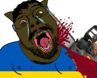 black_skin blood bloodshot_eyes brown_skin cartel chainsaw chud_(boorufag) chud_(soybooru) clothes country crime crying death ear flag glasses gore hair hohol murder mustache oink open_mouth pig rotten_teeth soyjak stubble subvariant:chainsaw_bernd sweating ukraine variant:bernd yellow_sclera yellow_teeth // 1580x1267 // 727.7KB