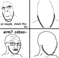 2soyjaks 4panel closed_mouth comic faceless glasses no_face open_mouth scared smile soyjak stubble subvariant:soyak_(concerned) text variant:cobson variant:soyak // 430x423 // 73.3KB