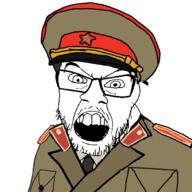 clothes communism ear glasses hair hammer_and_sickle hat kgb necktie open_mouth smirk soyjak stubble uniform variant:feraljak // 1500x1500 // 427.7KB