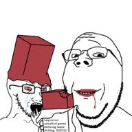 2soyjaks arm bloodshot_eyes crying food foodjak fruit glasses hand holding_object jam open_mouth smile soyjak strawberry strawberry_jam stubble subvariant:wholesome_soyjak text variant:gapejak variant:soyak // 1000x1000 // 79.3KB