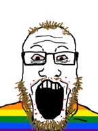 aids balding bloodshot_eyes brown_hair brown_stubble coomer faggot flag:lgbt_pride_flag glasses lgbt mustache open_mouth soyjak stubble variant:markiplier_soyjak yellow_hair yellow_mustache yellow_stubble // 600x800 // 20.8KB