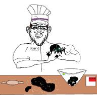 2soyjaks arm balding black_skin bowl chef closed_mouth clothes cooking don_turtelli dough drawn_background ear flour glasses hand hat inverted mustache open_mouth pun smile soyjak stubble sweden thougher variant:a24_slowburn_soyjak variant:soyak // 1626x1598 // 555.6KB