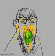 animated ear glasses green_teeth inverted japanese_text kyorokyoro mucus poyopoyo soyjak strobe stubble text variant:feraljak vein // 389x400 // 222.4KB