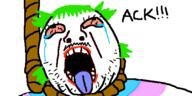 4chan anime bloodshot_eyes crying green_hair hair hanging mustache oekaki open_mouth redraw rope soyjak stubble suicide text tongue tranny variant:bernd yotsoyba // 500x250 // 18.9KB
