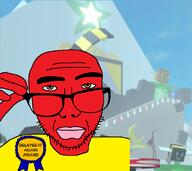 badge bee_swarm_simulator brown_eyes closed_mouth glasses hand red_skin roblox soyjak stubble text variant:sobot video_game // 810x722 // 328.6KB