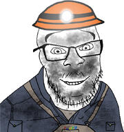beige blue_shirt coal_dust dusty glasses mine miner mining_helmet overalls smile soyjak stubble variant:feraljak // 643x687 // 292.2KB