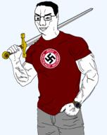 buff closed_mouth clothes glasses hair holding_object holding_sword nazism pol_(4chan) smile smug sonnenrad soyjak swastika sword tshirt variant:chudjak vein watch weapon // 1514x1910 // 272.0KB