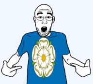 arm british clothes ear england flag flag:yorkshire flower glasses hair hand open_mouth plant pointing soyjak stubble teeth tshirt united_kingdom variant:shirtjak white_rose_of_york yorkshire // 1236x1118 // 189.7KB
