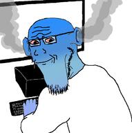 angry arm bloodshot_eyes blue blue_skin calm clothes computer ear fume glasses hand ogre_ears open_mouth screen smoke soyjak stretched_chin stubble variant:markiplier_soyjak variant:zoomer_on_computer // 696x701 // 67.9KB