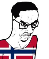 angry arm chud closed_mouth clothes country flag flag:norway glasses hair norway soyjak subvariant:chudjak_seething tshirt variant:chudjak // 899x1078 // 135.3KB