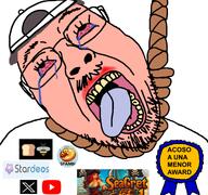 award backwards_cap badge beard beer bread brown_hair cap clothes crying dalas_review hanging hat lolcow medal open_mouth pambicoin pambisito purple_tongue red_eyes rope seacret spain spanish_text stardeos text tongue variant:bernd white_shirt white_skin xitter youtube // 768x719 // 169.3KB
