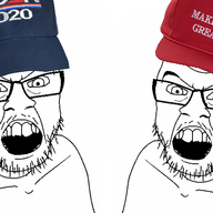 2soyjaks cap clothes donald_trump glasses hat joe_biden maga mustache open_mouth politics soyjak stubble united_states variant:feraljak // 1125x519 // 374.8KB