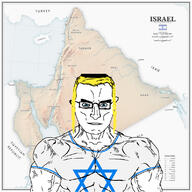 angry blond blue_eyes buff closed_mouth clothes country cyprus ear egypt flag flag:israel glasses greater_israel hat iraq irredentism israel jewaryan judaism kippah kuwait map soyjak star_of_david subvariant:chudjak_front subvariant:muscular_chud trend:aryan turkiye variant:chudjak vein // 1125x1125 // 283.0KB