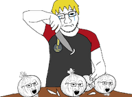 closed_mouth clothes crying cutting glasses hair holding_object looking_at_you medal nate onion onions soyjak stubble subvariant:soyak_front table transparent_background tshirt variant:soyak yellow_hair // 1024x759 // 147.4KB