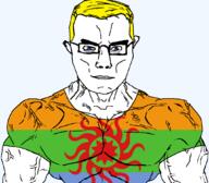 arm bajookieland blue_eyes buff closed_mouth clothes country flag flag:bajookieland glasses hair soyjak subvariant:chudjak_front subvariant:muscular_chud tony_zaret transparent transparent_background tshirt variant:chudjak vein yellow_hair // 1059x929 // 180.7KB