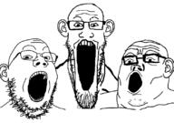 3soyjaks ear glasses open_mouth soyjak stretched_mouth stubble template trend:soyjak_trio variant:gapejak variant:markiplier_soyjak variant:tony_soprano_soyjak // 828x581 // 120.7KB