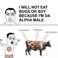 cargo_shorts closed_mouth clothes cow glasses hand happy needle open_mouth pol_(4chan) shorts swastika syringe text tshirt variant:chudjak zombie // 680x680 // 198.8KB