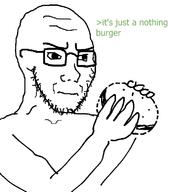 arm bald closed_mouth food frown glasses greentext hamburger hand holding_object irritated looking_to_the_right nothingburger soyjak stubble subvariant:soyak_(irritated) template text variant:soyak white_background // 680x772 // 25.8KB