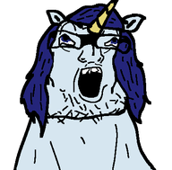 animal bjorn_(peggle) blueberry_hair ear glasses horn horse mane open_mouth peggle soyjak stubble unicorn variant:lactoriajak white_background // 406x400 // 9.5KB