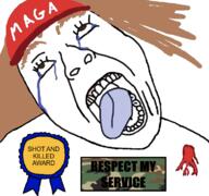 MAGA_MELTDOWN ack ashli_babbitt award died_like_a_bitch_award hair maga_hat red_hat rest_in_piss_CHUD shouldve_voted_for_bernie_when_you_had_the_chance tongue_out variant:bernd wound // 760x714 // 418.3KB